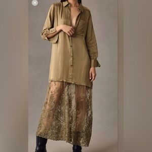 Anthropologie Olive green shirt dress with sheer lace details size XS- runs big